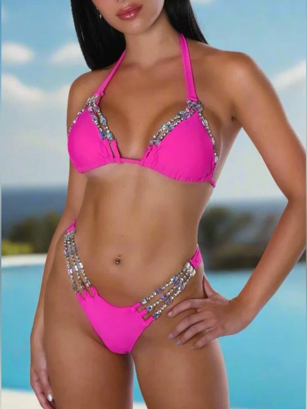 Hot Pink Diamond Triangle Bikini Set - Women Swim